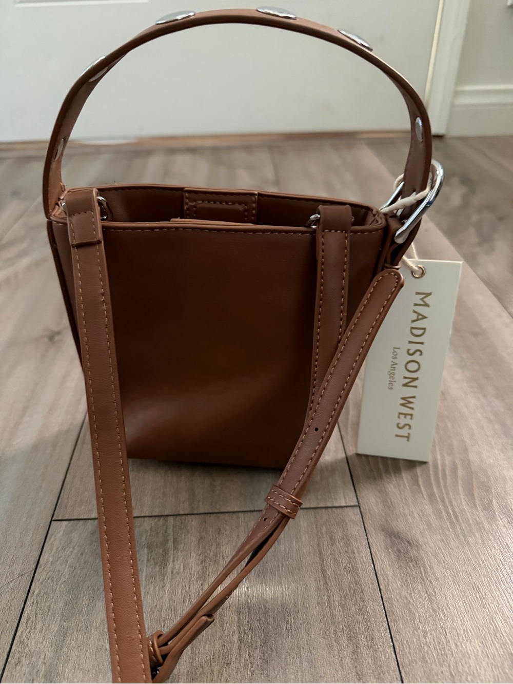 Madison West Tan Mini Bucket Bag with Silver Hardware